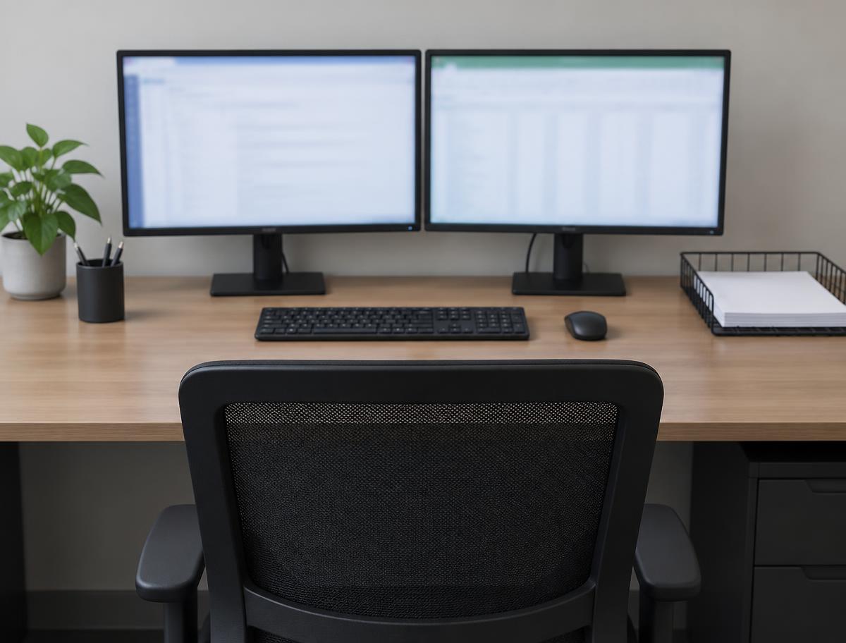 A caseworker's desk seen from behind an empty chair, two monitors and a tray of paper