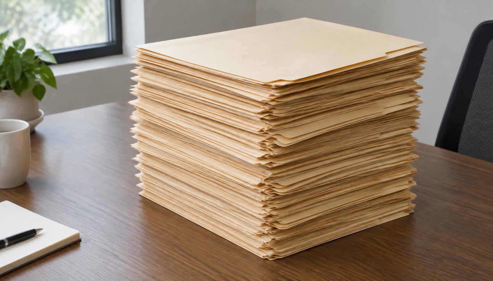 A tall stack of plain manila folders on an office desk