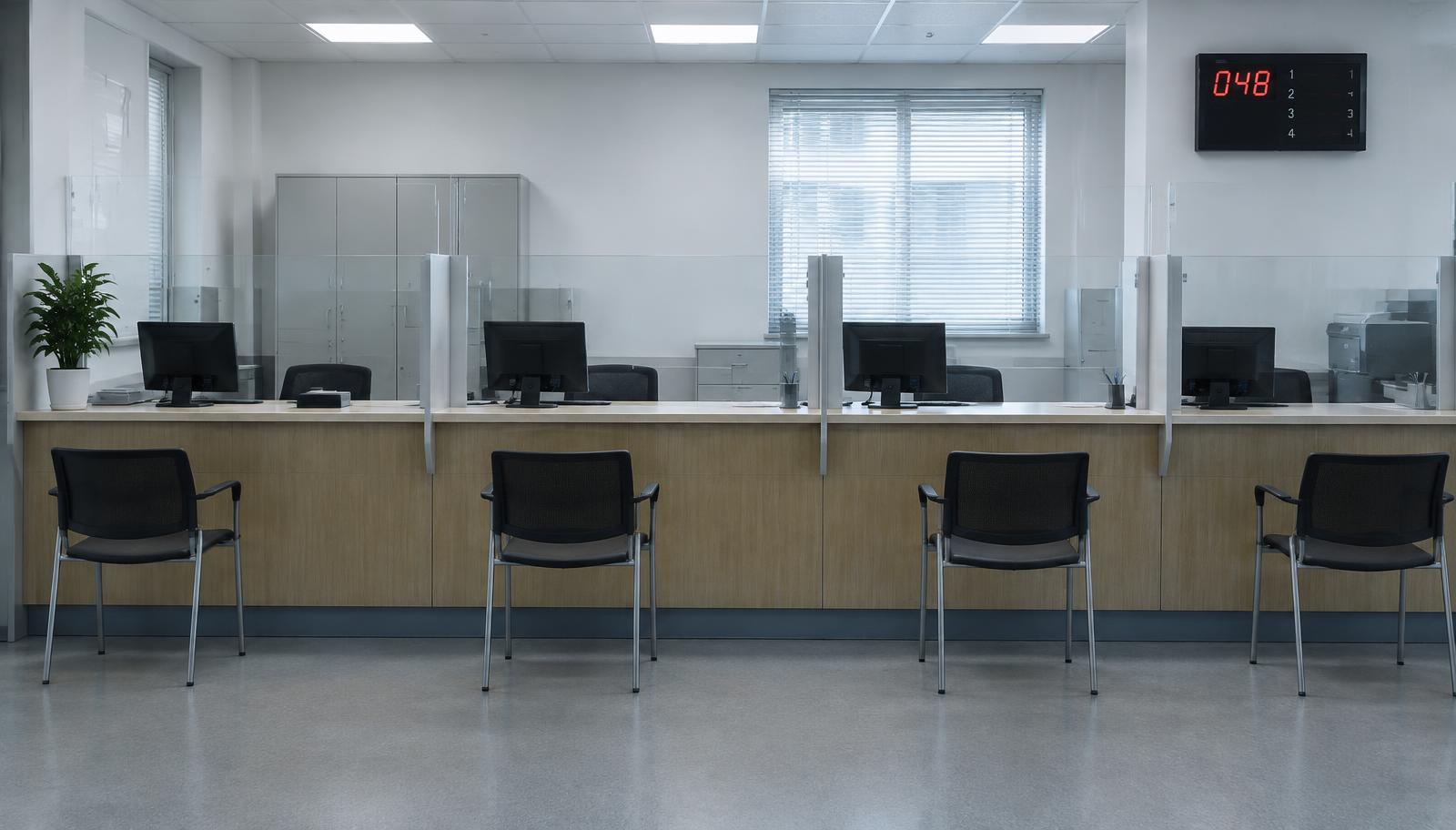 An empty public office service counter with chairs and a queue number display on the wall